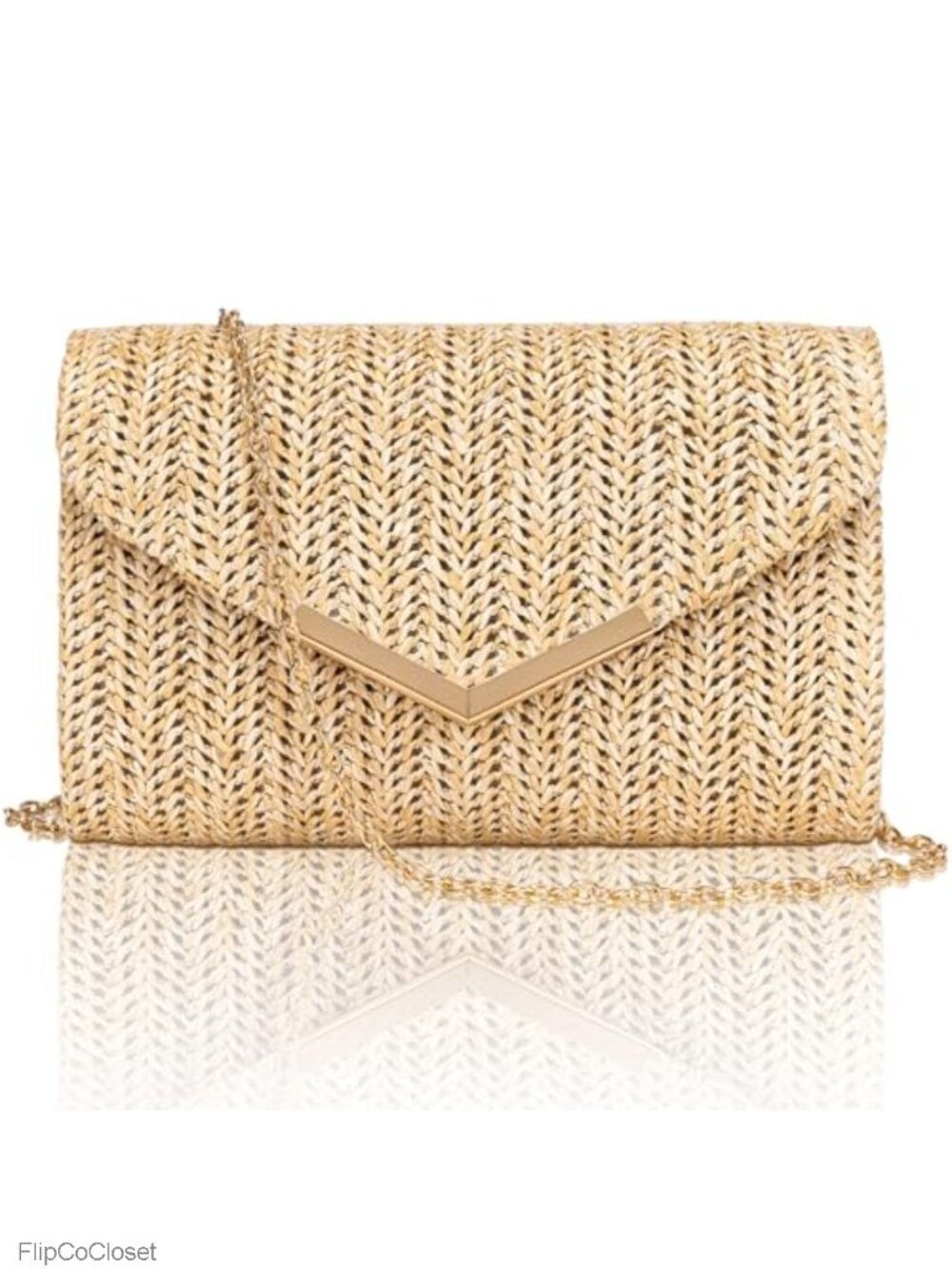 Raffia Straw Envelope Clutch Evening Bag with Gold Chain for Wedding Prom
